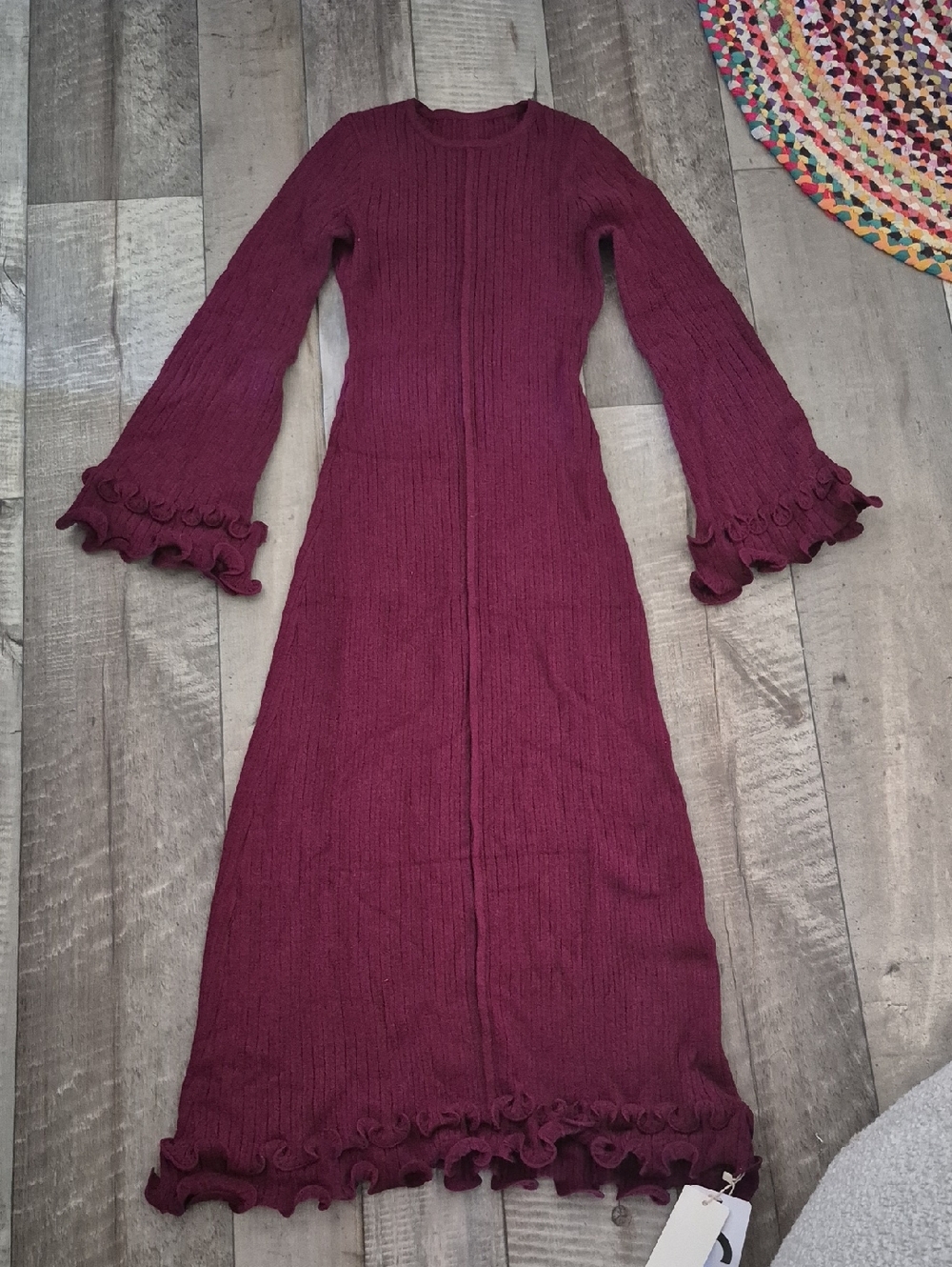 Commense Knit Maxi Dress Ruffle Sleeves Piping Drawstring Trim Semi Sheer S NWT - Picture 5 of 11